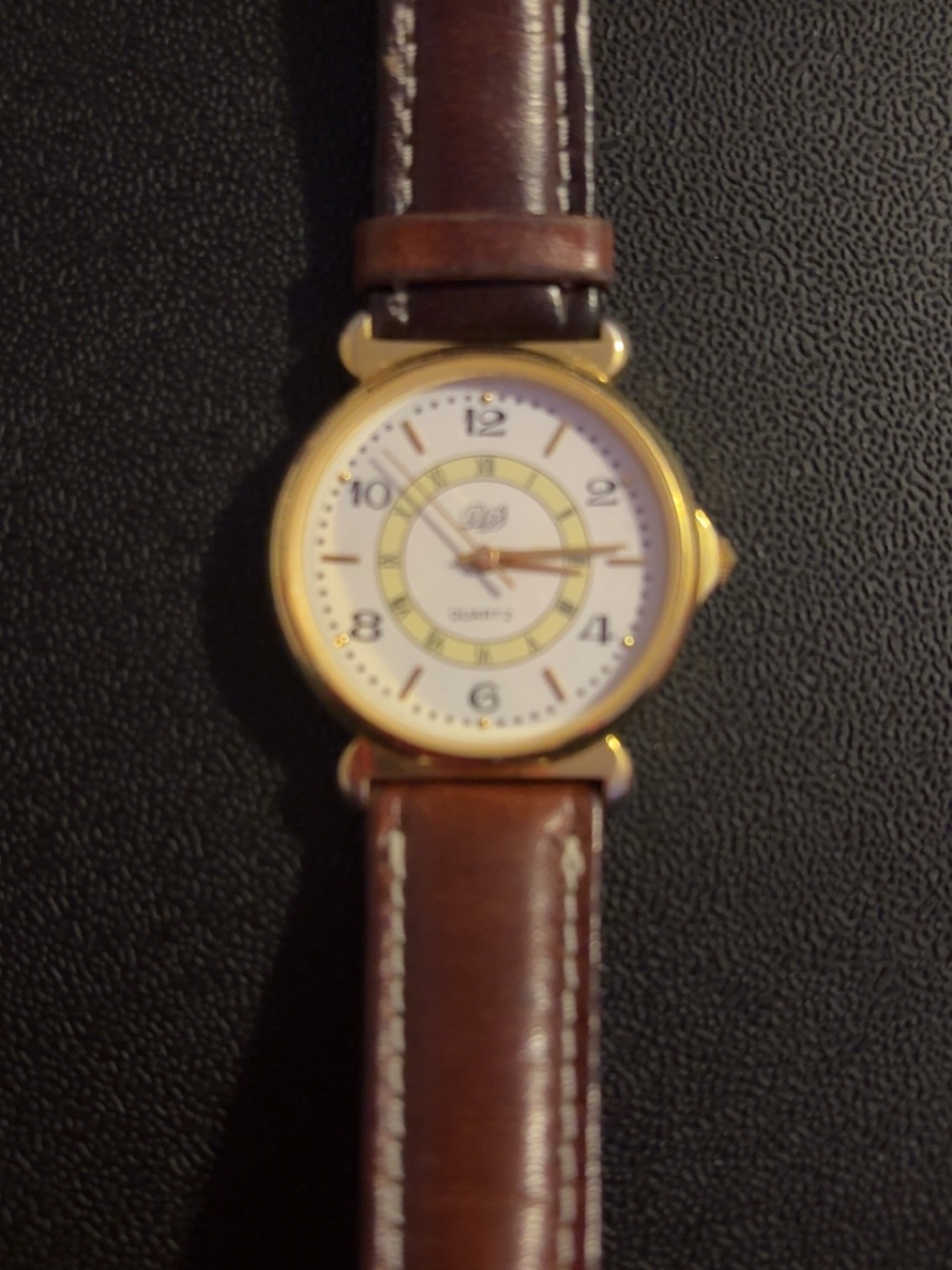 Gold-Tone Watch with Brown Leather Strap